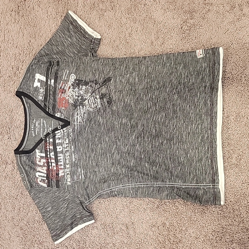 Project Raw Grey White Red Button V-Neck Tee Medium